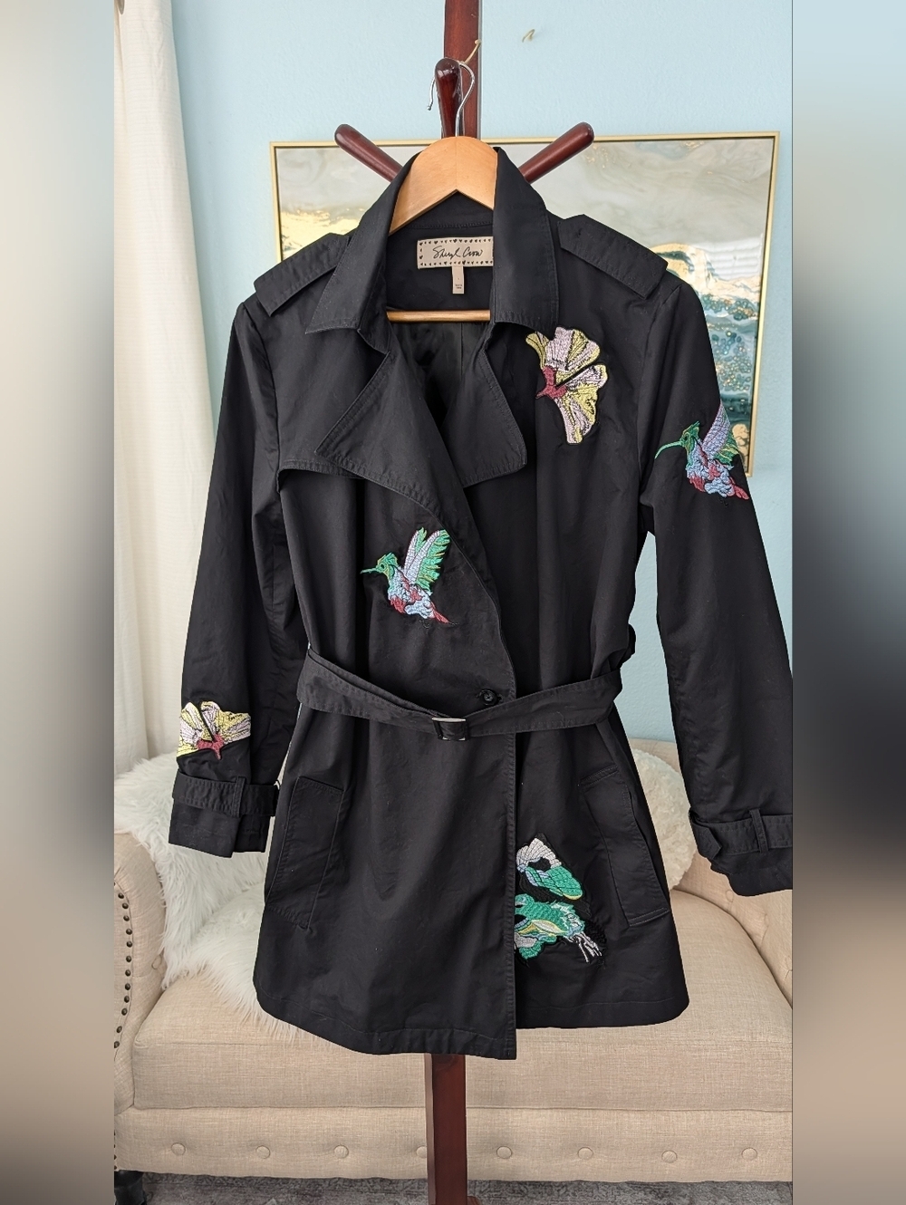 Sheryl Crow Black Embroidered Bird Trench Coat - Women Size L